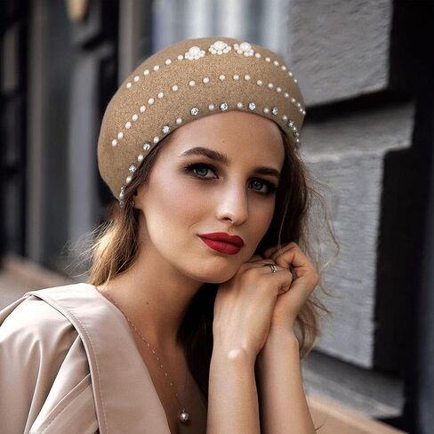 Wooee Pearl French Beret Hat قبعة نايلون كاكي كلاسيكية بلون سادة قبعة شتوية دافئة للنساء والفتيات والسيدات in Kuwait