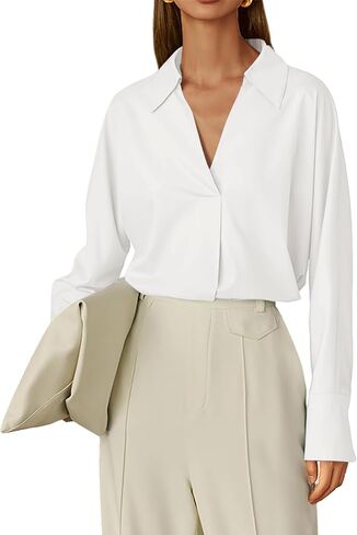 Prettywear Women's Long Sleeve Work Blouse Collared V Neck Office Business Shirts Dressy Casual Loose Tops 2024 in Saudi Arabia