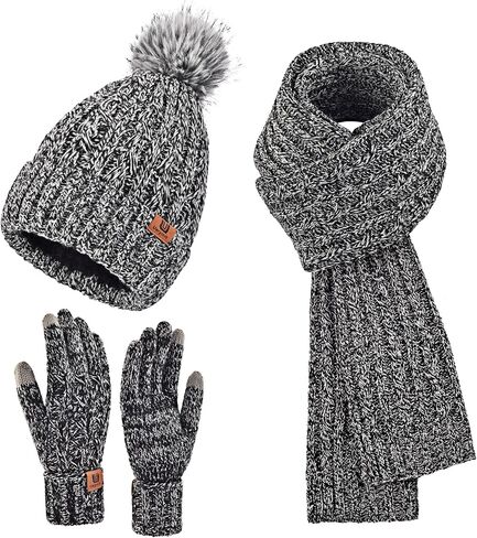 Womens Winter Warm Beanie Hat Long Scarf Touchscreen Gloves Set with Fleece Lined Skull Pom Caps 3 in 1 Set for Gift in Saudi Arabia