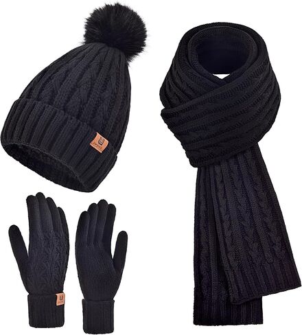 إمرأة شتاء دافئ قبعة صغيرة وشاح طويل قفازات تعمل باللمس مجموعة مع الصوف مبطنة الجمجمة بوم قبعات 3 في 1 مجموعة للهدايا in Kuwait