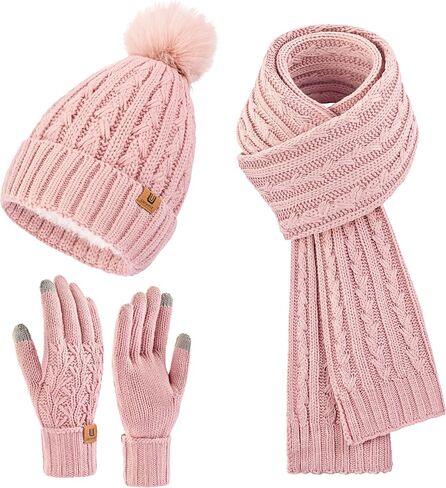 Womens Winter Warm Beanie Hat Long Scarf Touchscreen Gloves Set with Fleece Lined Skull Pom Caps 3 in 1 Set for Gift in Saudi Arabia