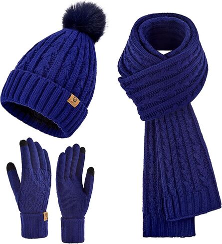 Womens Winter Warm Beanie Hat Long Scarf Touchscreen Gloves Set with Fleece Lined Skull Pom Caps 3 in 1 Set for Gift in Saudi Arabia