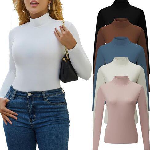5 Piece Women's T-Shirts Turtleneck Long Sleeve Tops High Neck Fitted Layering Warm Base Fall Winter Basic Tees in Saudi Arabia