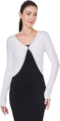 AmélieBoutik Women Long Sleeve Lace Trim Open Front Bolero Shrug Cropped Cardigan in Saudi Arabia