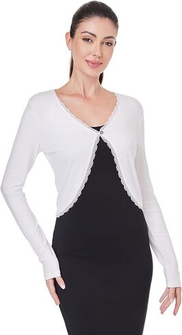 AmélieBoutik Women Long Sleeve Lace Trim Open Front Bolero Shrug Cropped Cardigan in Saudi Arabia