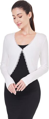 AmélieBoutik Women Long Sleeve Lace Trim Open Front Bolero Shrug Cropped Cardigan in Saudi Arabia