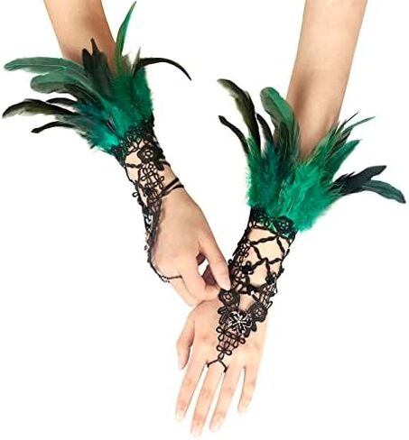 Gothic Black Lace Feather Fingerless Gloves with Long Sleeves Wrist Cuffs Women's Costume Accessory in Kuwait