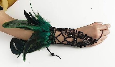 Gothic Black Lace Feather Fingerless Gloves with Long Sleeves Wrist Cuffs Women's Costume Accessory in Kuwait