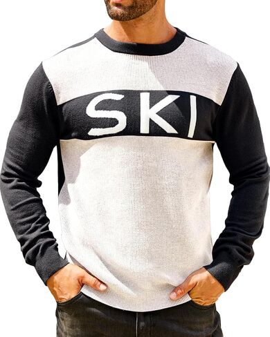 Runcati Mens Ski Sweater Cable Knit Color Block Casual Sweaters Crewneck Winter Pullover in Saudi Arabia