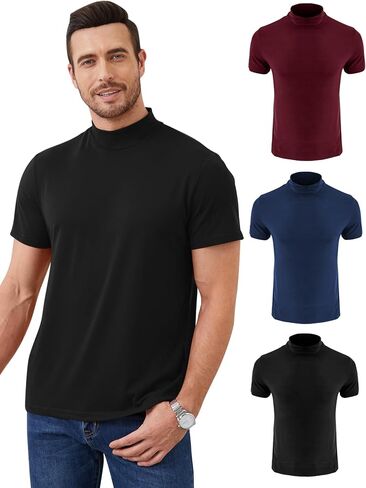 3 Pack Turtle Neck Shirt Men Mock Turtleneck Short Sleeve Undershirts Basic Slim Fit T Shirts Solid Color Pullover Tees in Saudi Arabia