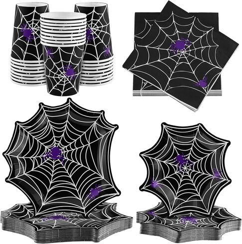 مجموعة أدوات مائدة من Durony 100 قطعة من لوازم حفلات الهالوين على شبكة العنكبوت بما في ذلك أطباق ورق عشاء الهالوين على شكل شبكة عنكبوت وأكواب ومناديل تكفي لـ 25 شخصًا، ديكورات حفلات الهالوين in Kuwait