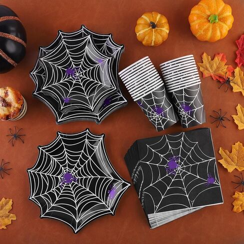 مجموعة أدوات مائدة من Durony 100 قطعة من لوازم حفلات الهالوين على شبكة العنكبوت بما في ذلك أطباق ورق عشاء الهالوين على شكل شبكة عنكبوت وأكواب ومناديل تكفي لـ 25 شخصًا، ديكورات حفلات الهالوين in Kuwait