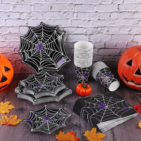 مجموعة أدوات مائدة من Durony 100 قطعة من لوازم حفلات الهالوين على شبكة العنكبوت بما في ذلك أطباق ورق عشاء الهالوين على شكل شبكة عنكبوت وأكواب ومناديل تكفي لـ 25 شخصًا، ديكورات حفلات الهالوين in Kuwait