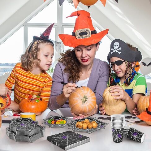 مجموعة أدوات مائدة من Durony 100 قطعة من لوازم حفلات الهالوين على شبكة العنكبوت بما في ذلك أطباق ورق عشاء الهالوين على شكل شبكة عنكبوت وأكواب ومناديل تكفي لـ 25 شخصًا، ديكورات حفلات الهالوين in Kuwait