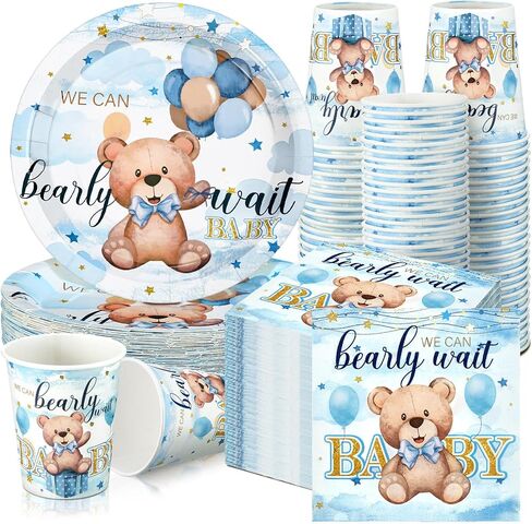 Hushee 200 Pcs Blue Bear Baby Shower Paper Plates Napkins Cups Baby Shower Party Supplies Tableware Set Bear Theme Disposable Cup Napkin for 50 Guest Boy Sets Spring Party Decoration Boy Girl in Kuwait