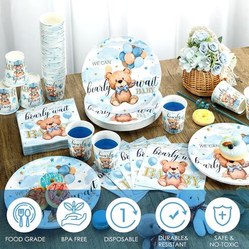 Hushee 200 Pcs Blue Bear Baby Shower Paper Plates Napkins Cups Baby Shower Party Supplies Tableware Set Bear Theme Disposable Cup Napkin for 50 Guest Boy Sets Spring Party Decoration Boy Girl in Kuwait