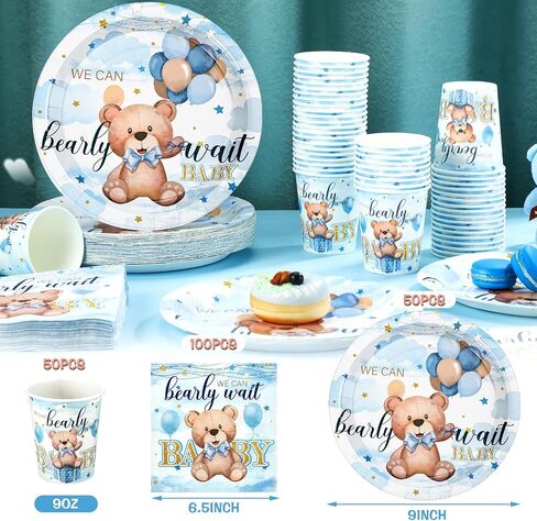 Hushee 200 Pcs Blue Bear Baby Shower Paper Plates Napkins Cups Baby Shower Party Supplies Tableware Set Bear Theme Disposable Cup Napkin for 50 Guest Boy Sets Spring Party Decoration Boy Girl in Kuwait