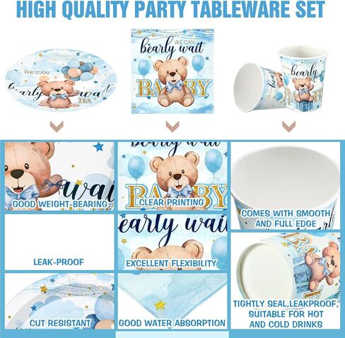 Hushee 200 Pcs Blue Bear Baby Shower Paper Plates Napkins Cups Baby Shower Party Supplies Tableware Set Bear Theme Disposable Cup Napkin for 50 Guest Boy Sets Spring Party Decoration Boy Girl in Kuwait