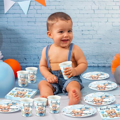 Hushee 200 Pcs Blue Bear Baby Shower Paper Plates Napkins Cups Baby Shower Party Supplies Tableware Set Bear Theme Disposable Cup Napkin for 50 Guest Boy Sets Spring Party Decoration Boy Girl in Kuwait