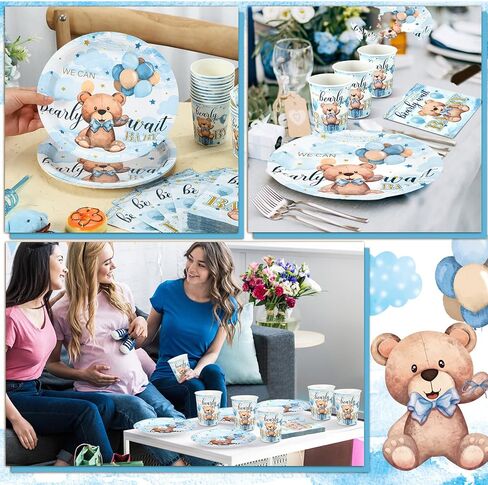 Hushee 200 Pcs Blue Bear Baby Shower Paper Plates Napkins Cups Baby Shower Party Supplies Tableware Set Bear Theme Disposable Cup Napkin for 50 Guest Boy Sets Spring Party Decoration Boy Girl in Kuwait