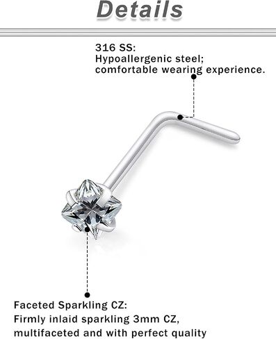 20/18g Straight/L Shaped Diamond Nose Ring Studs Earrings Piercings Jewelry Surgical Steel for Women Men in Saudi Arabia