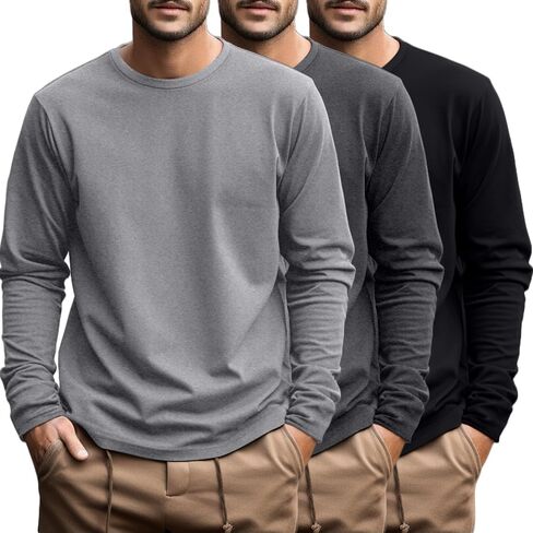 Ficerd 3 Pack Men's Big and Tall Shirts Long Sleeve Cotton Tee Crew Neck Oversize Tops Casual Loose Fit Knitted T Shirts in Saudi Arabia