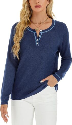 Women Lightweight Sweater Long Sleeve Button Down Round Neck Pullover Sweaters Sweatshirt in Saudi Arabia