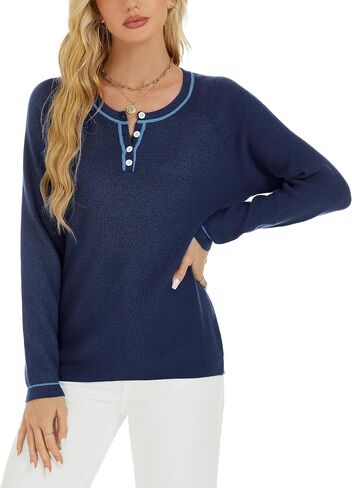 Women Lightweight Sweater Long Sleeve Button Down Round Neck Pullover Sweaters Sweatshirt in Saudi Arabia