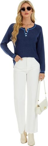 Women Lightweight Sweater Long Sleeve Button Down Round Neck Pullover Sweaters Sweatshirt in Saudi Arabia
