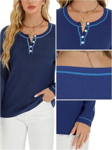 Women Lightweight Sweater Long Sleeve Button Down Round Neck Pullover Sweaters Sweatshirt in Saudi Arabia