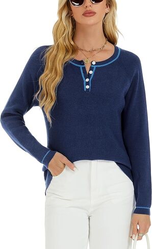 Women Lightweight Sweater Long Sleeve Button Down Round Neck Pullover Sweaters Sweatshirt in Saudi Arabia
