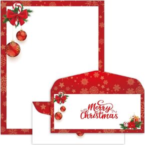 50 Pcs Red Christmas Bulbs Letterhead with Envelopes Christmas Border Computer Paper Stationery paper for Note Letters to Santa Invitations Office School Printing 8.5 x 11 In
