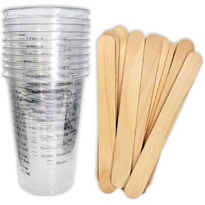 10 8oz Graduated Clear Plastic (PET) Cups and 10 6" Wood Stir Sticks for Mixing Paint, Stain, Epoxy, Resin by NetSellsIt 8 oz Disposable