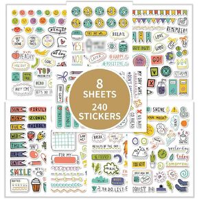 Zayookey 8 Sheet Daily Planner Stickers 240 Cute Self-Adhesive Stickers Aesthetic Weekly Planner Stickers for Scrapbooking Journal Planning Decorating