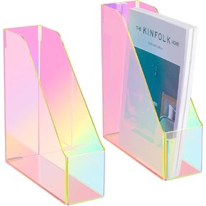 2 Pcs Iridescent Vertical Magazine File Holder Acrylic Magazine Holder Storage Magazine Organizer Plastic Clear Acrylic Magazine Rack for Office Classroom Home Document Paper Book Collection