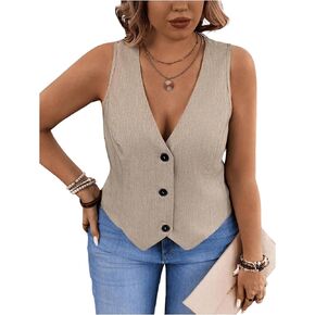SOLY HUX Women's Plus Size Button Up Suit Vest Blazer V Neck Sleeveless Waistcoat