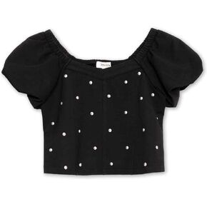 Speechless Girls' Short Sleeve Knit Denim Studded Pullover Top