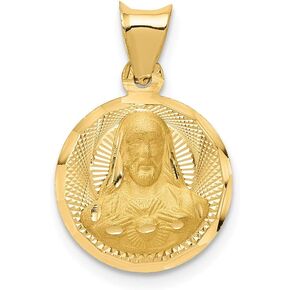 Solid 14k Yellow Gold and Diamond-Cut Sagrado Corazon Circle Pendant Charm