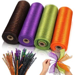 Wreath Making Supplies 4 Rolls Easter Mesh Ribbon 10 Inch x 30 Feet Metallic Poly Mesh Decor and 100 Pieces Wreath Tube Cleaners Chenille Stems(Blue, Light Yellow, Pink, Yellow) in Kuwait