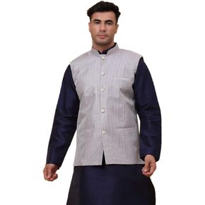 Mens Silk Blend Sequenced Striped Waistcoat, Nehru Jacket Only, Ethnic Traditional Wear
