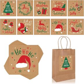AnyDesign 50Pcs Christmas Kraft Paper Tags Stickers Labels Self-Adhesive Xmas Tree Santa Hat Printed Tag Stickers Festive Winter Holiday Decorations for Gift Wrapping Envelope Sealing