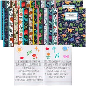 24 Pcs Primary Composition Notebook K-2 Dinosaur Primary Writing Journal 7.4 x 10.2in Kindergarten Blank Book for Kid Boy to Write Story 60 Page Preschool Draw and Write Journal Back to School Supply