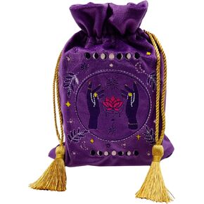 Velvet Tarot Card Bag - Drawstring Pouch for Tarot Deck Storage - Magic Purple Moon Lotus Bag- Jewelry Storage & Gift Bag with Gold Tassel Drawstrings, 6.6 x 9 inches