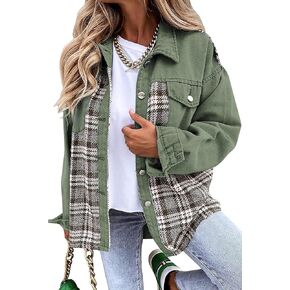 Women's Oversized Denim Shacket Jacket Plaid Long Sleeve Shirt Boyfriend Button Down Blouses Tops