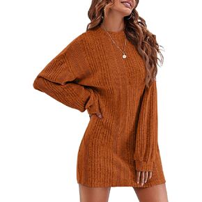 Ekouaer Women's Nightgown Long Sleeve Ribbed Knit Nightshirt Round Neck Sleep Shirt Soft Sweater Dress S-XXL