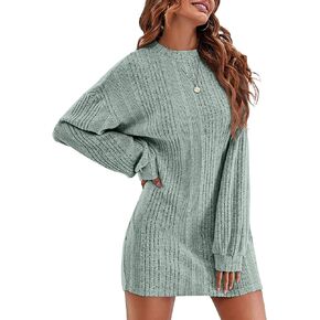 Ekouaer Women's Nightgown Long Sleeve Ribbed Knit Nightshirt Round Neck Sleep Shirt Soft Sweater Dress S-XXL