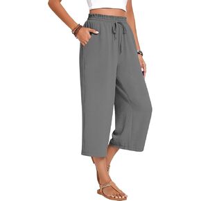 Womens Capri Pants Wide Leg High Waisted Lounge Pants Drawstring Casual Loose Palazzo Pants Trousers with Pockets