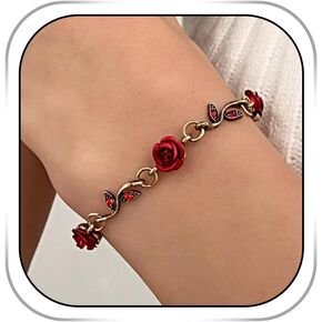 Red Rose Bracelet Vintage Flower Bracelets Charm rhinestones Earring Adjustable Jewelry for Women