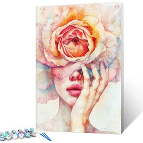 Aihonmin Girl Paint by Numbers Kits for Adult Beginners,Teal Rose Flowers on Head DIY Acrylic Paint by Numbers Kits on Canvas,Unique Gift Art Crafts for Home Painting without Frame 16''W x 20''H