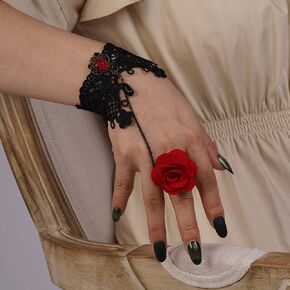 Kercisbeauty Red Rose Flower Black Lace Gothic Wristband with Finger Ring for Women Girls Halloween Vampire Bracelet Jewelry (Style 1)